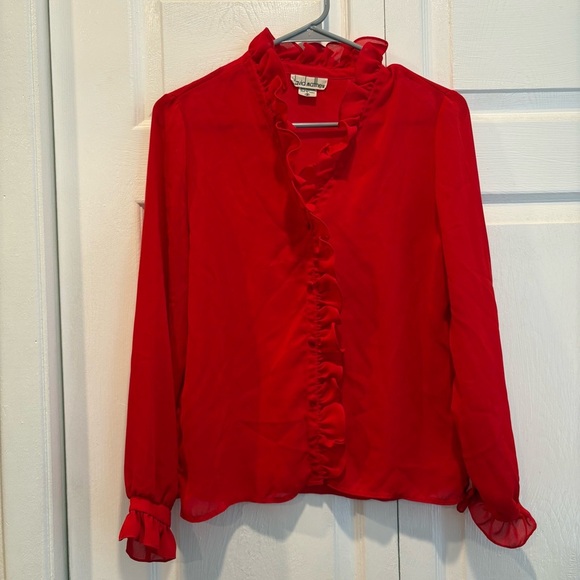 Vintage David Matthew Red Ruffle Button Up Blouse - Size 8 - Picture 1 of 9